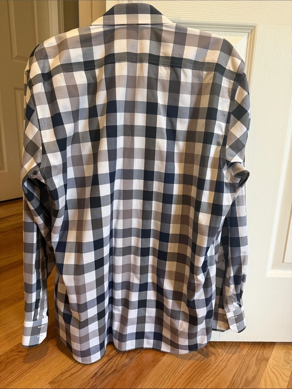 Banana Republic Men's Navy and Gray Plaid Dress Shirt